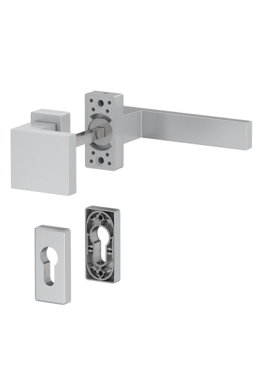 Klamka pochwyt krótki szyld + komplet rozet silver / srebrna trzpień 128 mm